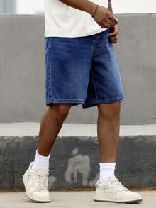 Manfinity Homme Men's Simple Solid Color Denim Wide Leg Shorts With Pockets Washed Blue For Straight Leg - Dark Wash - View 5