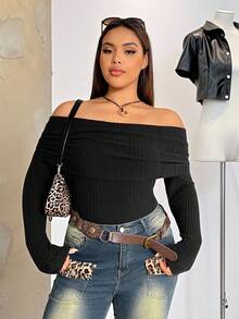SHEIN EZwear Áo thun dài tay hở vai màu đen cỡ lớn dành cho nữ - màu đen - Xem 4
