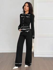SHEIN PETITE 2 Stücke Damen Kontrast-Farbblock Knopfleiste Taschen Langarm Oberteil und Hose Set 2-teiliges Set für Herbst/Winter