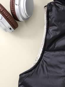 少女黑色撞色休闲连帽无袖绗缝背心，2025秋冬季返校季大学校园运动服。黑色背心，冬季背心，秋季款。 - 黑色 - 查看 6