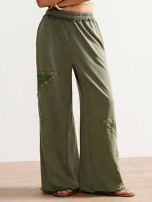 Bohemela Casual Solid Color Knit Loose Wide-Leg Women Pants Wide Leg Pants Loose Pants Lace Up Pants Boho Pants Eyelet Pants - Army Green - View 6