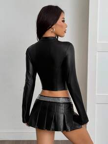 SHEIN PETITE 秋冬时尚性感黑色立领短款修身夹克 - 黑色 - 查看 2