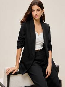BizChic 2025 Autumn/Winter New Black Shawl Neck Blazer With Lace Waist Inset & Wide Leg Pants Suit, 2 Pieces Set, Versatile For Daily, Commute, Modern Elegant, Business Casual, Office, Music Festival, Wedding Guest, Birthday, Halloween, Party, Travel, Christmas, Saudi National Day, New Year - Black - View 8