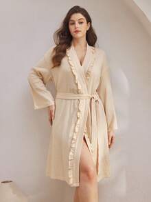 Ocili Jubah Mandi Katun Ukuran Besar dengan Rumbai di Pinggang, Musim Gugur - Khaki - View 6
