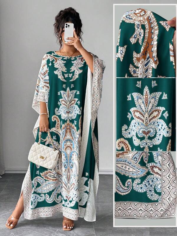 Rometta Vestido de manga de murciélago de talla grande con cuello redondo y estampado, con ajuste holgado, adecuado para vacaciones y reuniones