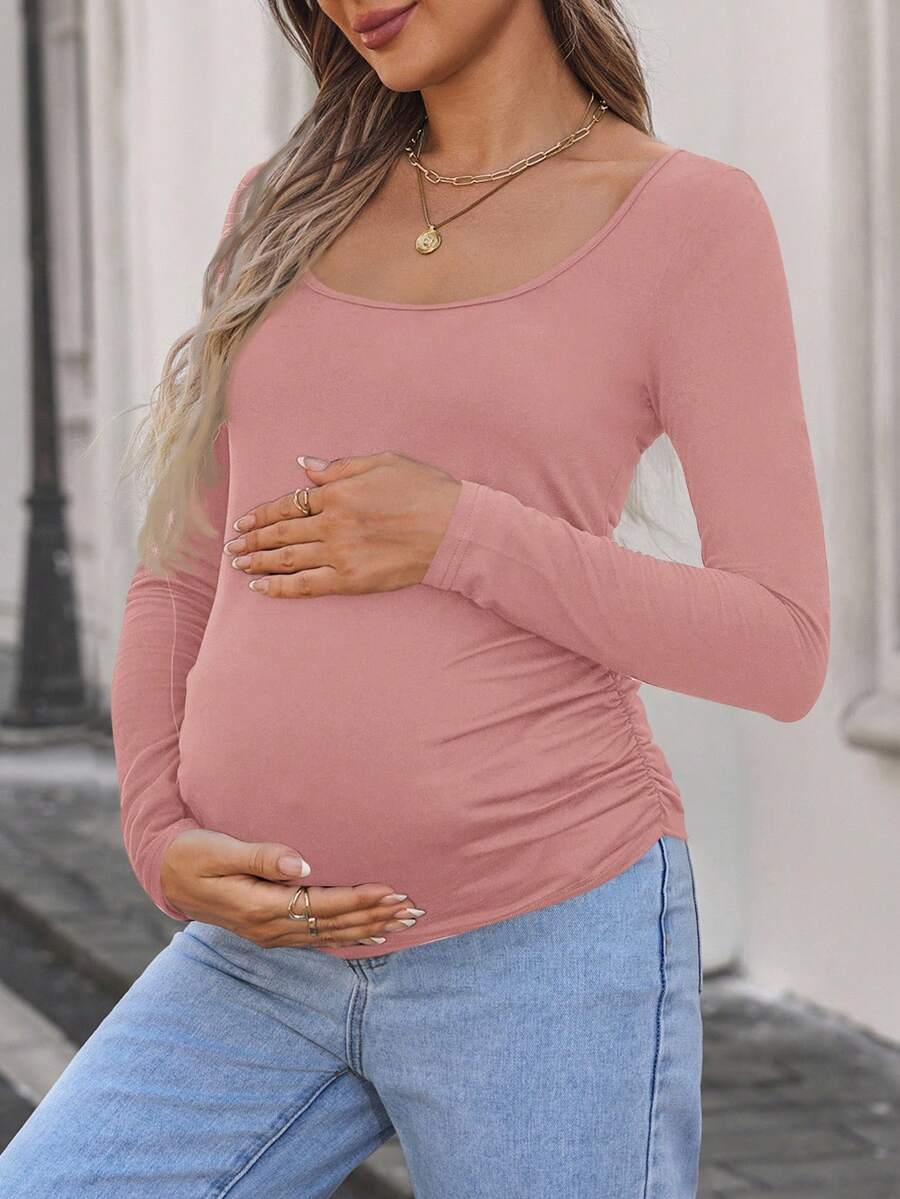 SHEIN 孕妇褶皱长袖T恤 - 藕粉色 - 查看 1