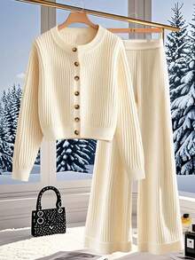 Franclia Women's Elegant Button-Up Cardigan And Pants 2 Pieces Set, Autumn/Winter Fall Cloth For Women