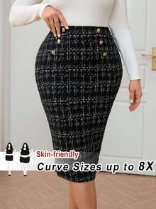 SHEIN CURVE+ 大码时尚通勤格子印花高弹力铅笔裙/秋冬 - 黑與白 - 查看 1