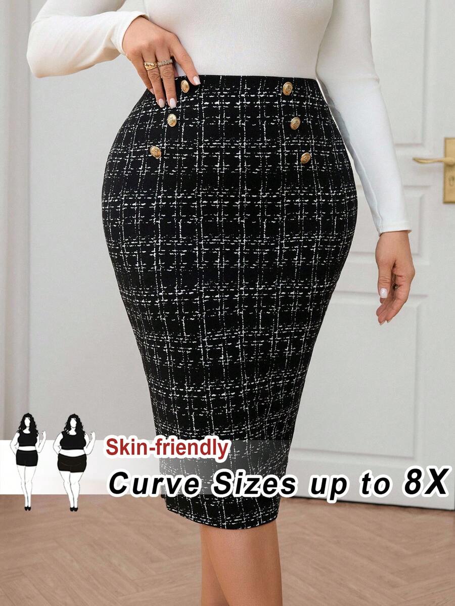 SHEIN CURVE+ 大码时尚通勤格子印花高弹力铅笔裙/秋冬 - 黑與白 - 查看 1