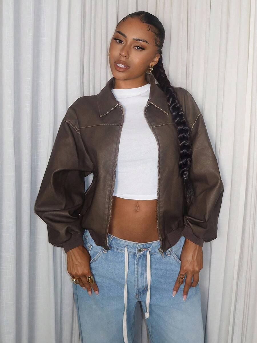 Amplova Vintage gewaschene Schneeflocken-Struktur PU-Lederjacke, Herbst - Bronze - Übersicht 1