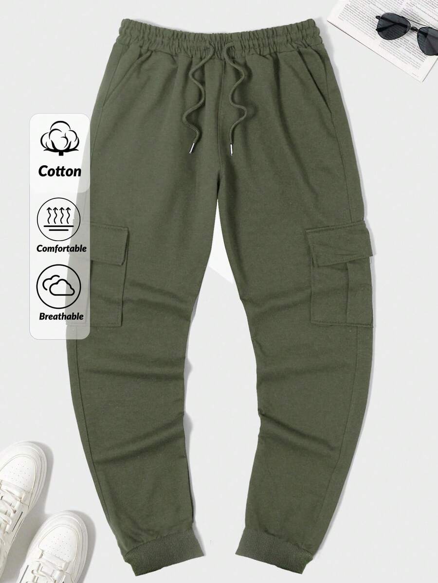 EURMUSE 100%Cotton Men Flap Pocket Side Drawstring Waist Cargo Sweatpants - Army Green - View 1