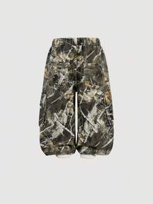 SHEIN Bubblio Quần denim ống rộng in họa tiết cành cây ngụy trang cho bé gái - xanh quân đội - Xem 8