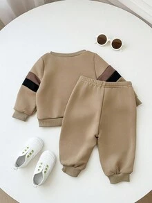 SHEIN 2 件套男婴/女婴可爱拼色长袖运动衫和松紧腰慢跑裤运动服套装，男女通用婴儿服装，婴儿冬装 - 彩色 - 查看 2