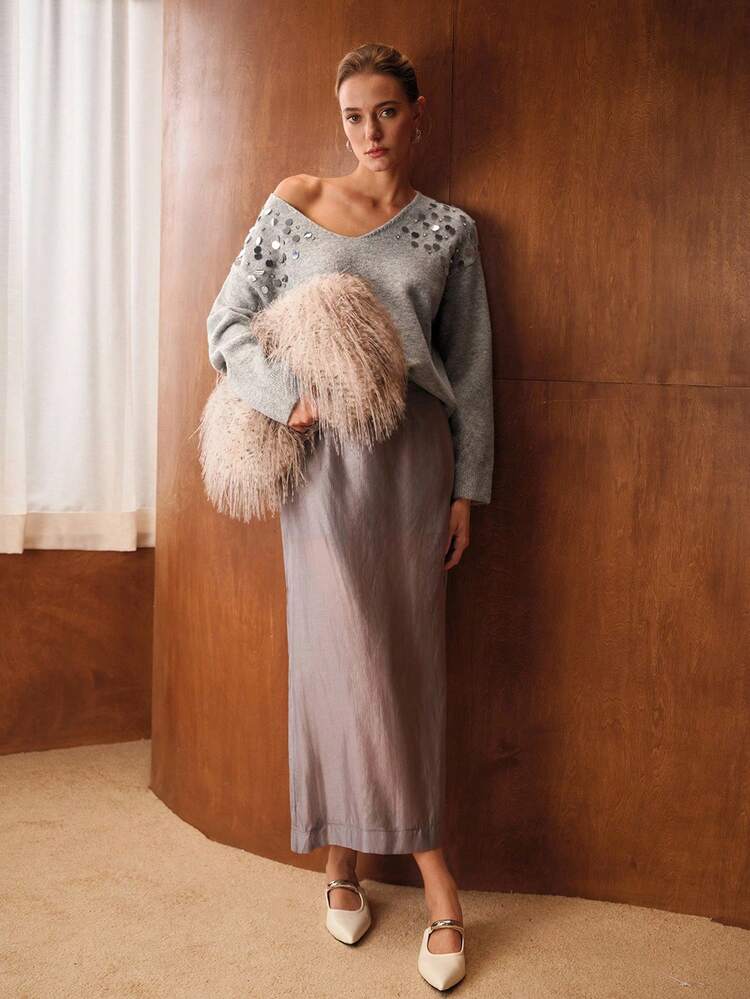 CONTRAST SEQUINS V-NECK SOLID DROP SHOULDER OVERSIZE SWEATER