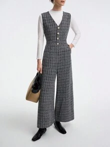 Aalyst Jumpsuit Wanita Kasual Leher V dengan Pinggang Ramping dan Kaki Lebar, Motif Jacquard Bertekstur, Tanpa Lengan - Hitam dan Putih - View 6