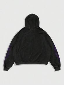 ROMWE MEN Goth Men's Graphic Print Zip-Up Hoodie, Fall, Long Sleeve Top - Black - View 2