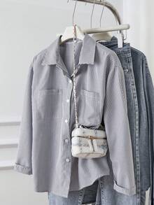 青少年女孩休闲时尚度假百搭户外条纹长袖衬衫，秋冬 - 黑與白 - 查看 1