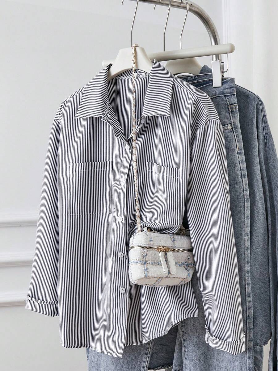 青少年女孩休闲时尚度假百搭户外条纹长袖衬衫，秋冬 - 黑與白 - 查看 1