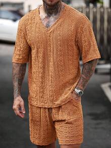 Manfinity Homme Men's Knitted Textured Jacquard Solid Color T-Shirt And Shorts Set