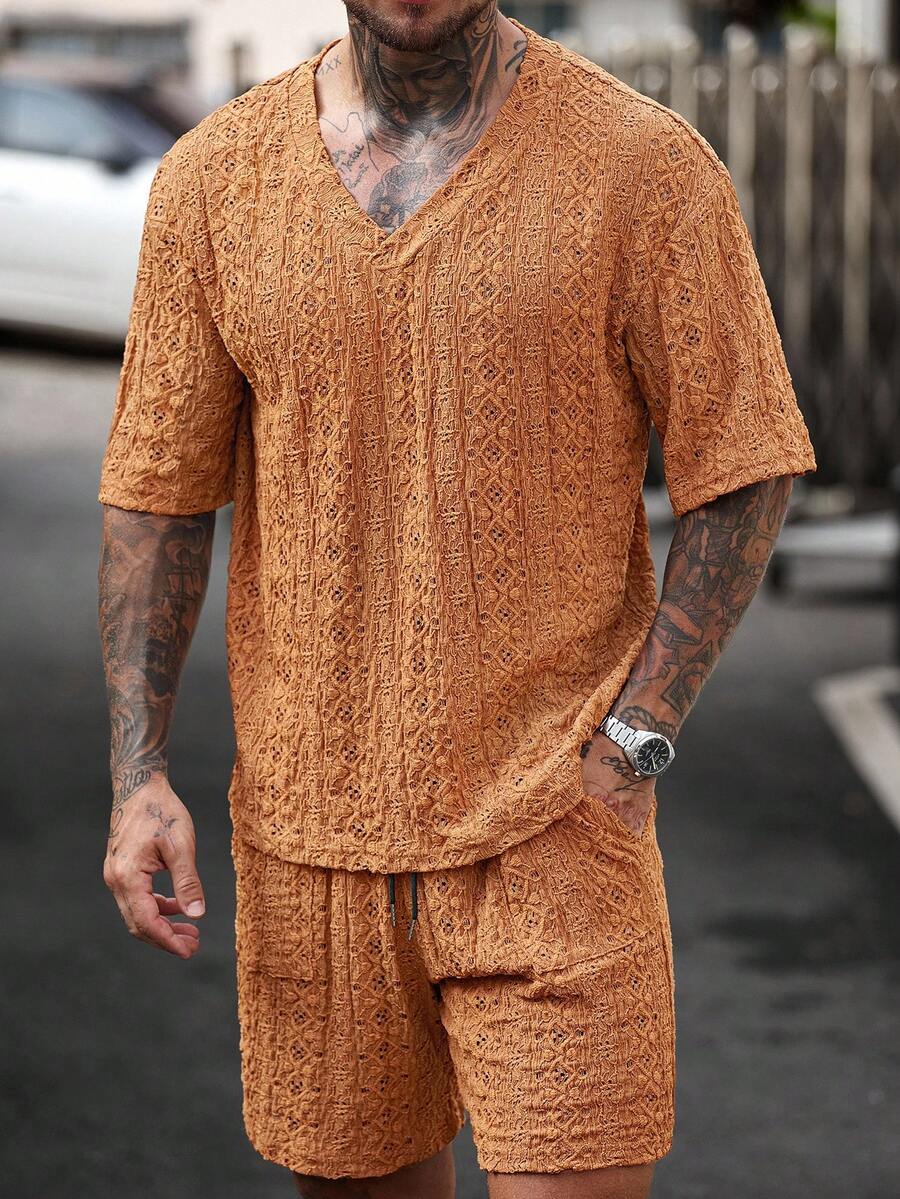 Manfinity Homme Men's Knitted Textured Jacquard Solid Color T-Shirt And Shorts Set