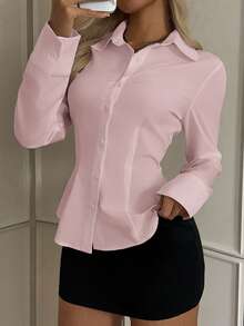 SHEIN EZwear 女士休闲收腰长袖衬衫，适合秋冬季穿着 - 淺粉色 - 查看 4