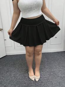 SHEIN EZwear 大码纯色休闲百褶迷你裙 - 黑色 - 查看 8