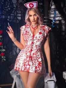 Fantasy Costume 2 件万圣节女式僵尸护士服装，红色和白色 - 紅白色 - 查看 5