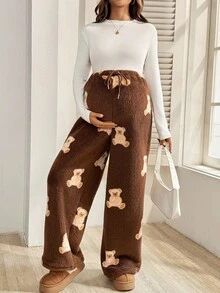 SHEIN Pregnant Women's Cute Teddy Bear Pattern Drawstring Pants For Home Winter Clothes For Women Brown Pants Graphic Pants Thermal Lined And Warm - Mocha Brown - View 5