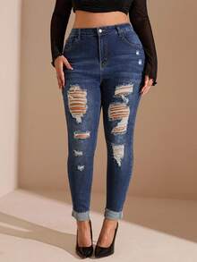 SHEIN BAE Plus Size Washed Ripped Jeans, Fall Women Clothes - Blue - View 8