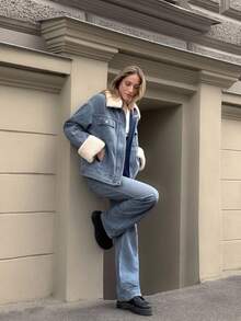 MOTF PREMIUM CONTRAST FAUX FUR BUTTON UP DENIM WINTER COAT - Blue - View 3