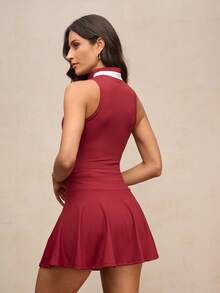 Activina 女式撞色拉链半襟无袖口袋运动连衣裙 - 紅白色 - 查看 3