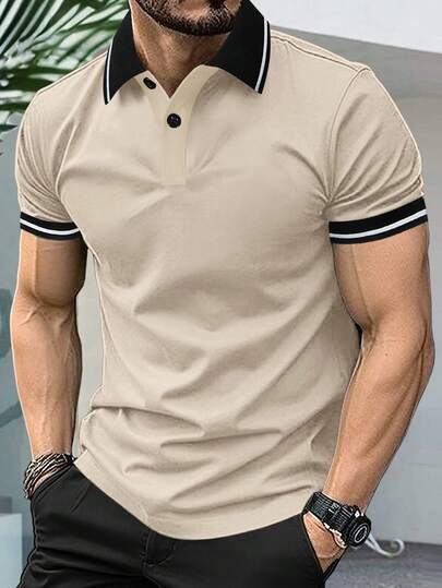Manfinity Homme Men's Summer Casual Sports Business Contrast Striped Trim Polo Shirt Mens T Collar T Shirt Mens Polo Shirt Mens Casual Tops Polo Shirts For Men Collar Mens Golf Shirt Old Money
