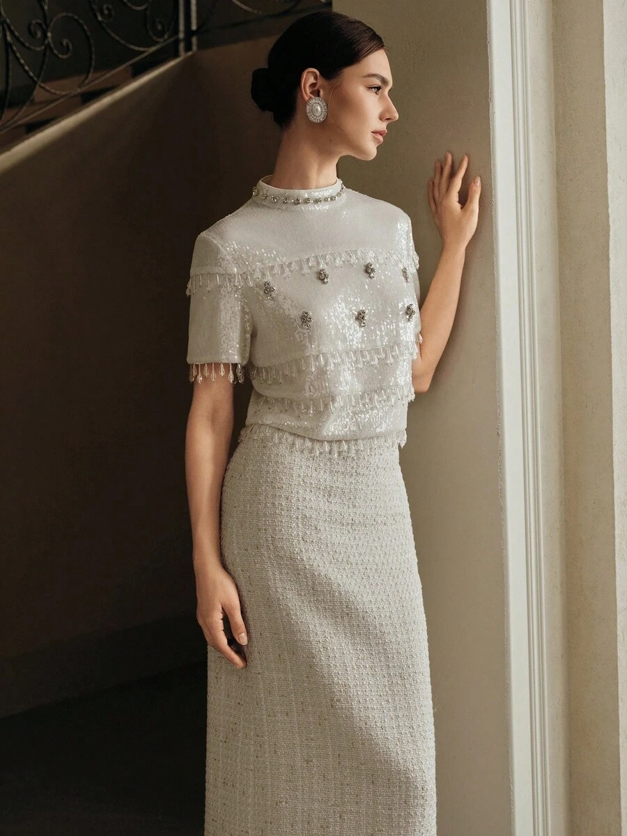 Anewsta Bộ trang phục thanh lịch dành cho nữ, thích hợp cho Halloween, tiệc Giáng sinh, đám cưới, dạ tiệc - Bao gồm áo tay ngắn đính tua rua đính sequin trắng và đá giả kim cương kết hợp với chân váy dài đến giữa bằng vải tuýt - trắng - Xem 1