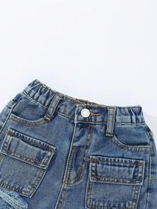 SHEIN Pantalones cargo de mezclilla rectos con pierna recta, lavado azul claro, con múltiples bolsillos, estilo vintage de calle, desgastados y rotos, para niña joven - Azul lavado oscuro - Ver 5