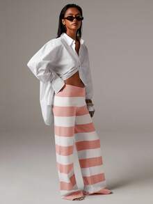 Athîral Women's Soft Striped Knit Lounge Sweater Pants In Fall/Winter - Baby Pink - View 4