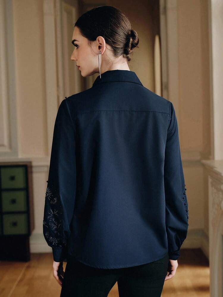 Women's Elegant Embroidered & Beaded Long Sleeve Blouse, Fashionable Navy Blue, Autumn