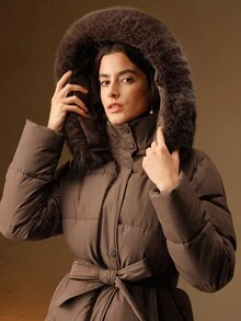 Anewsta Women's Fashionable Casual Coffee Color Long Cinched Waist Waist Hooded Detachable Faux Fur Collar Zip-Up Padded Coat - Coffee Brown - View 4