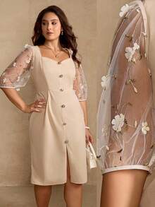 Roveilla Đầm midi ôm sát tay ngắn màu mơ thanh lịch cổ vuông xẻ tà phía trước cho nữ cỡ lớn - Màu be - Xem 1