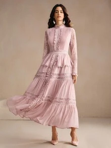 Anewsta Elegant Stand Collar Ruffled Lace Patchwork Romantic Pleated Slim Fit Dress, Suitable For Festival, Wedding Guest, Autumn, Fall, Winter, Going Out, Elegant, Formal, Chic, New Year, Christmas, Work, Graduation, Wedding