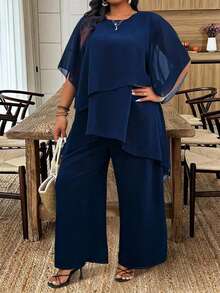 SHEIN CURVE+ 大码休闲宽松拼接雪纺袖上衣和松紧腰裤套装 - 藍色 - 查看 1
