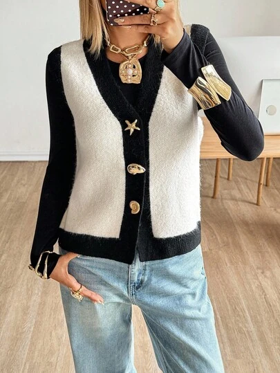 Siren Gaze 女式单排扣 V 领金属海星装饰休闲针织背心，秋冬，撞色饰边无袖针织保暖上衣，休闲日常穿着，FW25，通勤，极简主义，办公室，老钱，简约，秋冬，女式针织背心纽扣背心无袖开衫，四季