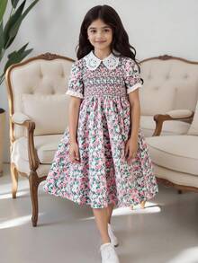 Tween Girl Ditsy Floral Print Puff Sleeve Peter Pan Collar Princess Style Dress
