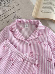 SHEIN 女婴幼儿新生儿0-3岁秋冬条纹蝴蝶结长袖衬衫休闲套装，适合居家和户外 - 粉色 - 查看 4