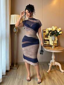 Elenzga Plus Size Women's Tie-Dye Print Mandarin Collar Batwing Short Sleeve Ruffle Fitted Sexy Dress