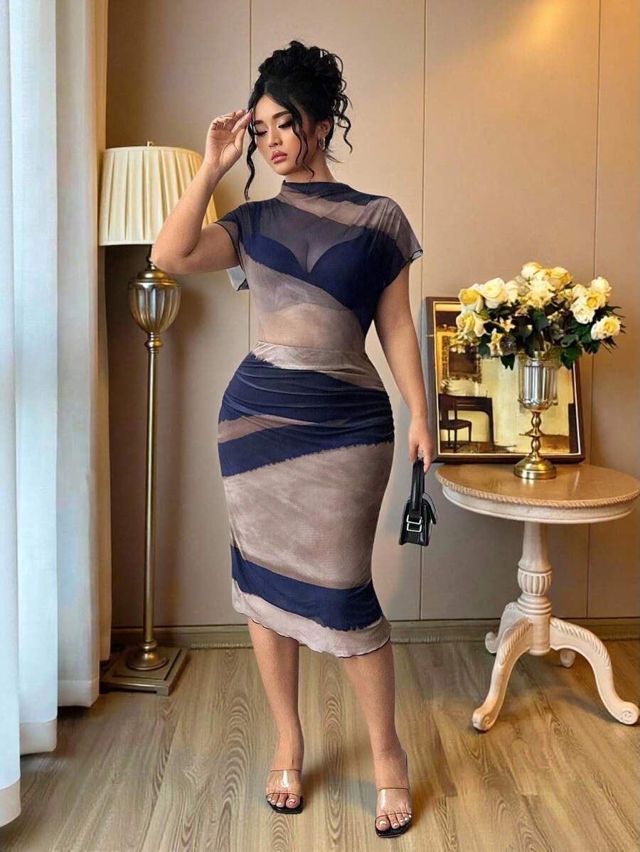 Elenzga Plus Size Women's Tie-Dye Print Mandarin Collar Batwing Short Sleeve Ruffle Fitted Sexy Dress