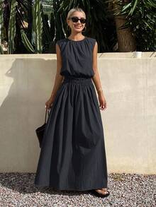 Livesso 女士夏季纯色褶皱圆领上衣和宽松裙子两件套 - 藏蓝色 - 查看 4