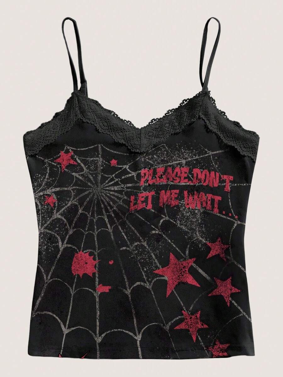 Lsscid Women's Black Spider Web & Star Gothic Punk Crop Top, Y2K Lace Trim Sleeveless Shirt, Y2K Baddie Goth Tank Top Punk Tops Spiderweb Tank Top Lace Trim Tank Top Y2k Tops - Black - View 1