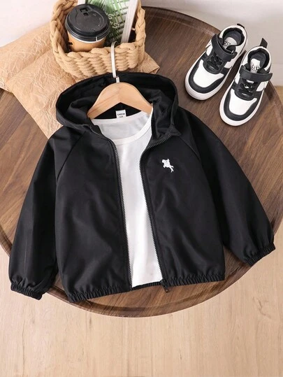 SHEIN 1 件年轻男孩休闲简约街头风格连帽长袖夹克，时尚休闲设计，适合夏季穿着，适合 4-7 岁男孩日常穿着，适合运动、户外、返校季节