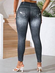 SHEIN Lady 2025 New Women's Elastic Waist Denim Effect Print Casual Leggings Chic Printing Pants For Women  Halloween Costumes  Christmas Going Out Outfit