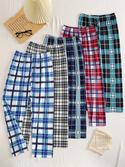 5pcs Boys Plaid Casual Pants, This Pants Combination Set Is Suitable For Tween Boysto Wear Casually At Home, And Can Also Be Worn As Indoor Leisure Wear. The Simple Design Style Makes It Easy To Match, Allowing Boys To Exude Fashion And Vitality At Home. Suitable For All Seasons, Stretchy And Breathable Knit Fabric, Machine Washable, Comfortable Fit, And Easy Care (5 Pieces Are Sold Separately) Plaid Pants Fall Winter